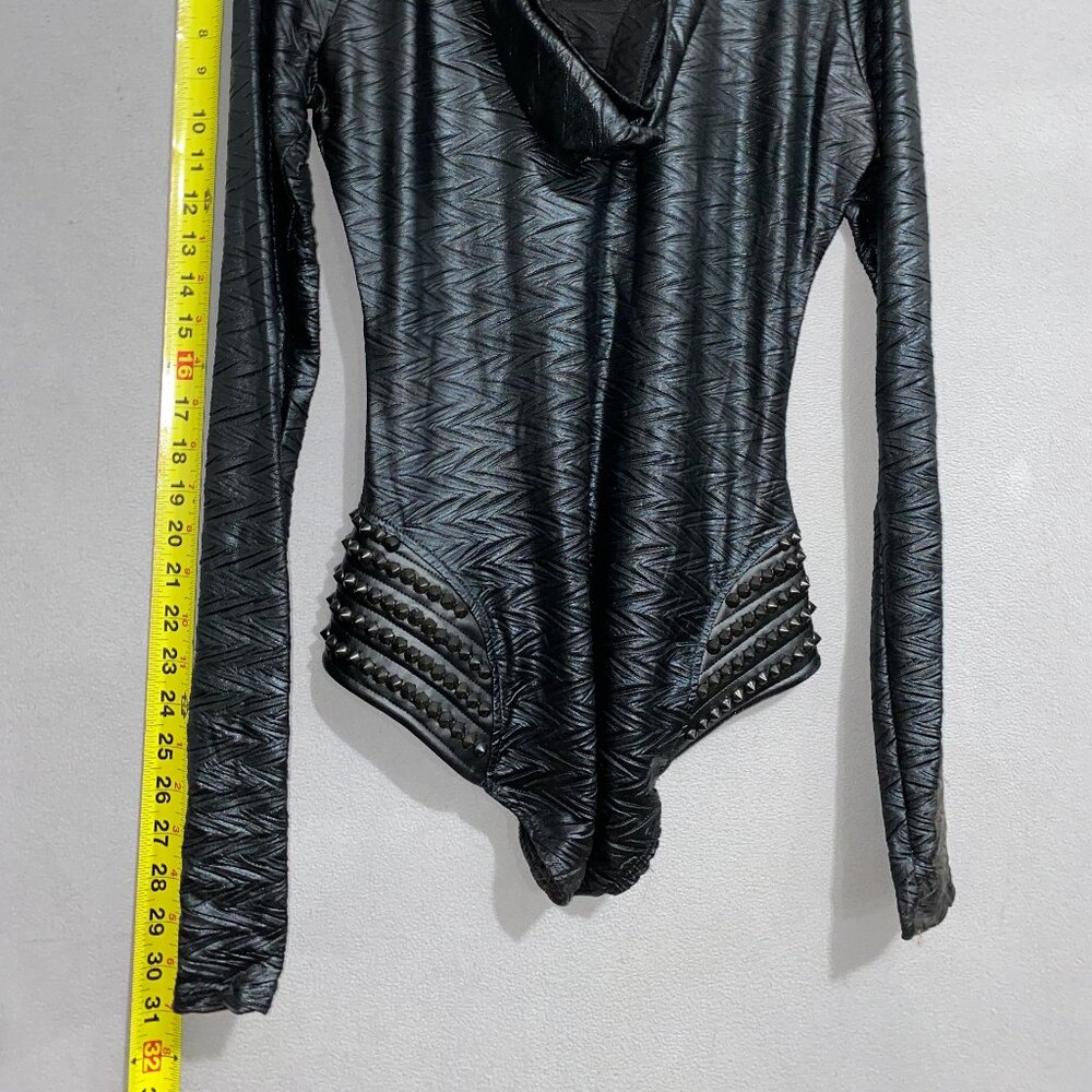 Ivy Layne Studded Black Hooded Bodysuit M/L Made in USA Edgy Zip Front - Picture 5 of 7
